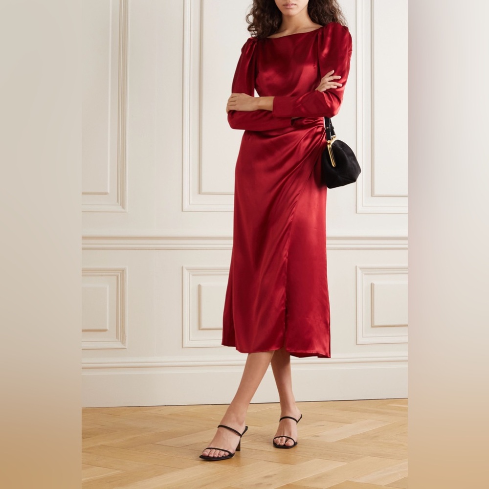 Reformation Cameron Gathered Silk-Satin Midi Dress in Crimson Red - Picture 3 of 9